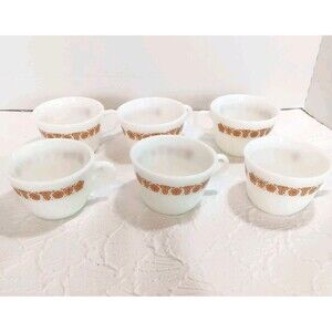 Set Of 6 Pyrex Woodland Brown Floral Coffee Cups 1970s Mid Century